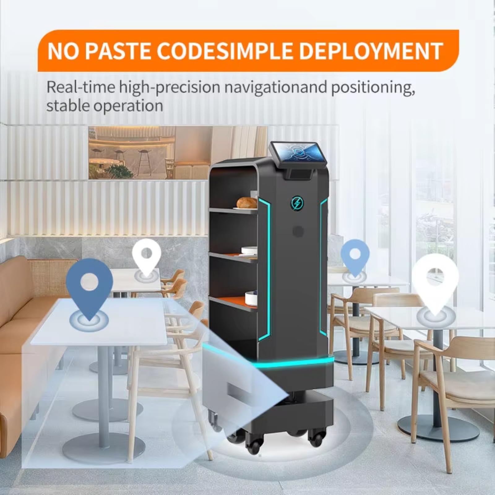Robot de servicio para restaurantes y hoteles - Entrega autónoma de alimentos, camarero inteligente con navegación interior, prevención de obstáculos y servicio de comidas sin contacto