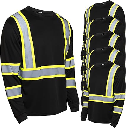 Zhanmai 6 Pack Safety Long Sleeve, Class 3 High Visibility T Shirt with Reflective Strips for Work Surveyor Construction