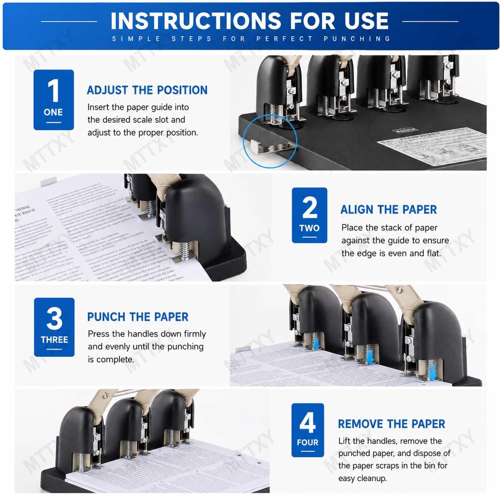 Perforatrice a 3 fori resistente, Capacità 150 fogli, Perforatore da ufficio ad alte prestazioni, Guida regolabile, Struttura in metallo per rilegatura documenti, Nero