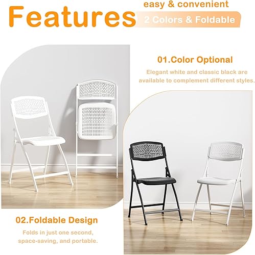 Miniatura 7 de Silla plegable blanca con asiento de malla transpirable y marco de metal resistente para interiores y exteriores, fiestas, eventos, bodas, patio,