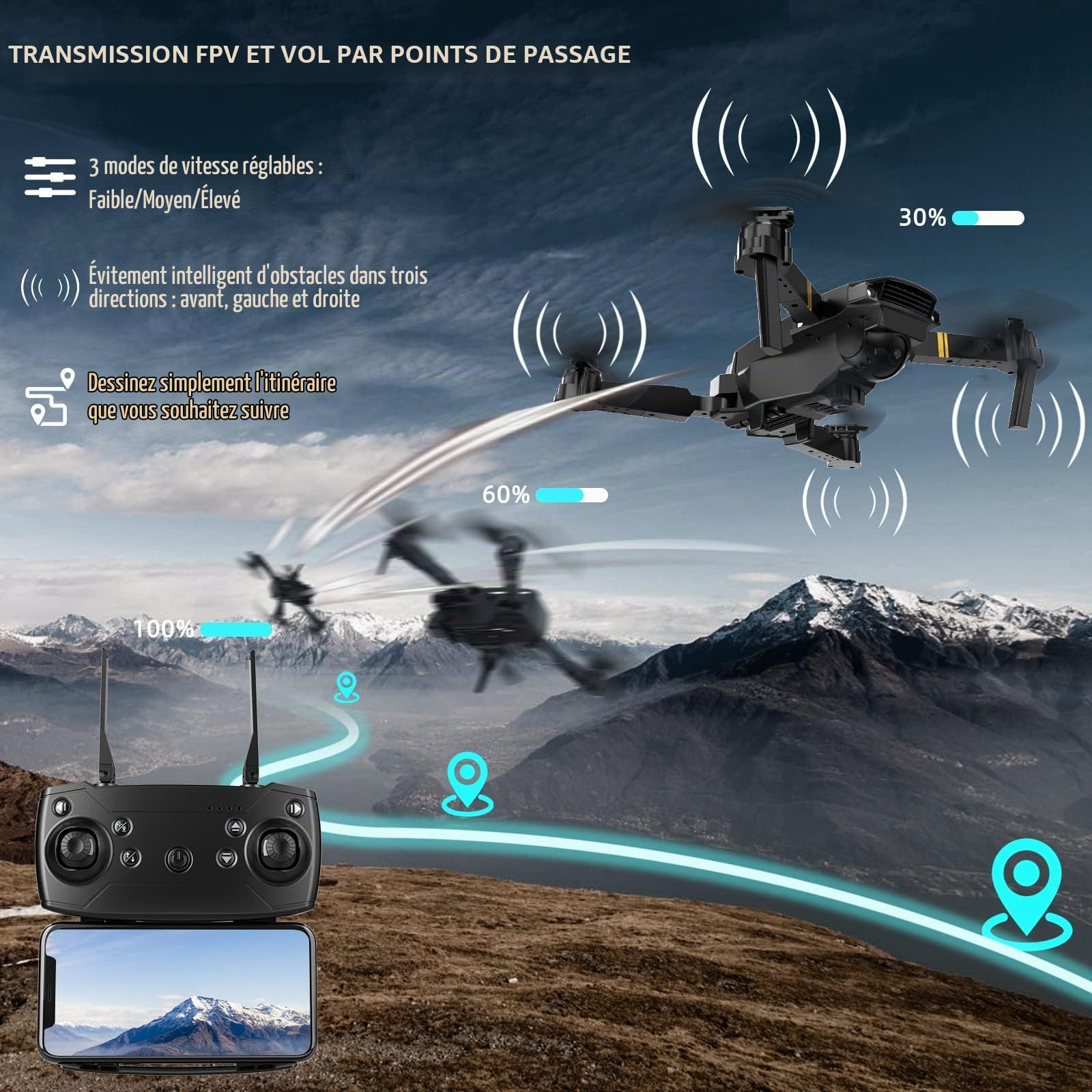 Drone avec caméra 1080P débutant RC Quadcopter, drone pour enfants, FPV Live Video, Altitude Hold, One Key Take Off/Landing, 3D Flip. Cadeaux pour filles/garçons