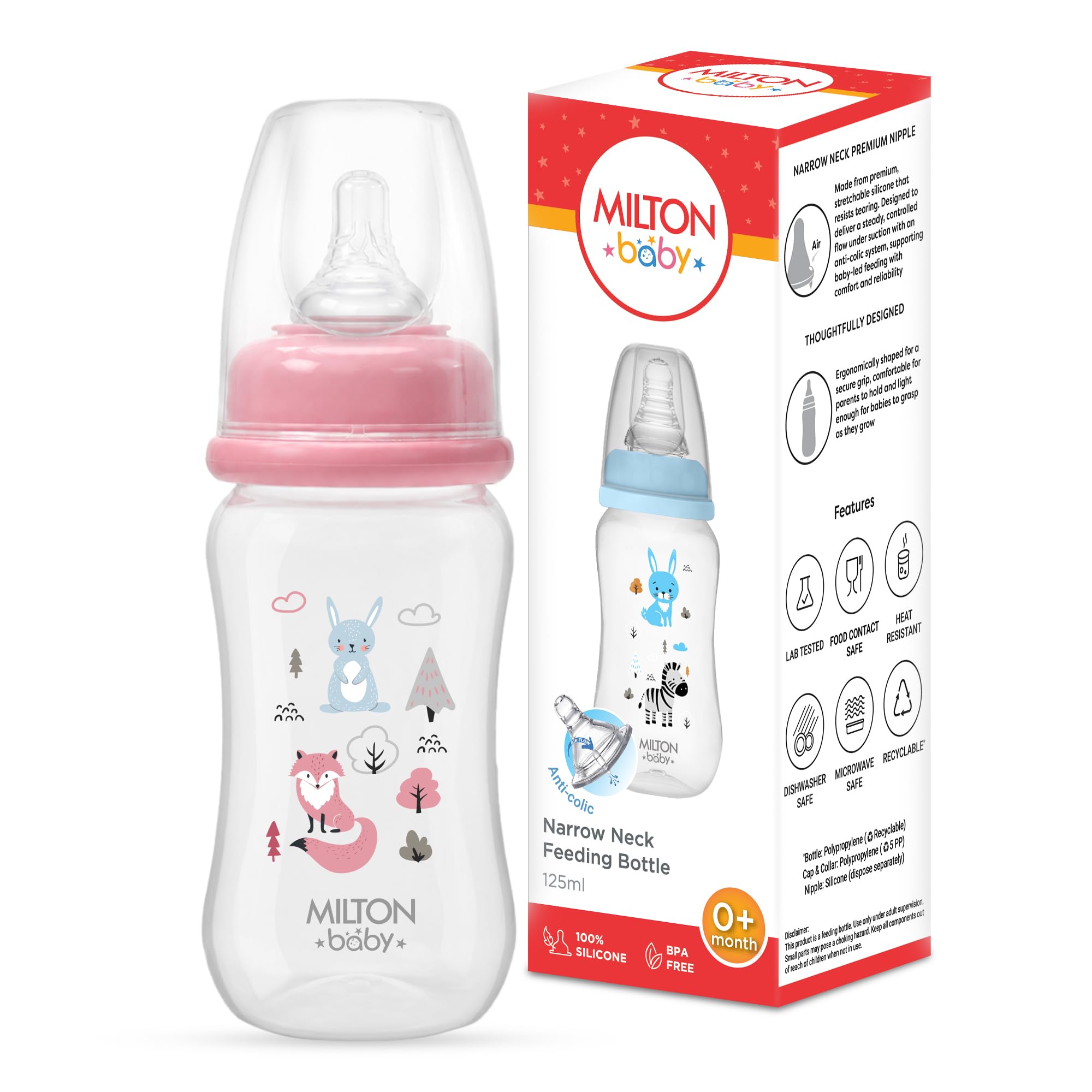 Milton Baby Narrow Neck Feeding Bottle for New Born 125 ml I Anti-Colic Design I ISI Certified I BPA Free I Support Baby Led Feeding I Includes Leakproof Cap I Sterilizer Safe I 0+ Months I Pink-picture-25