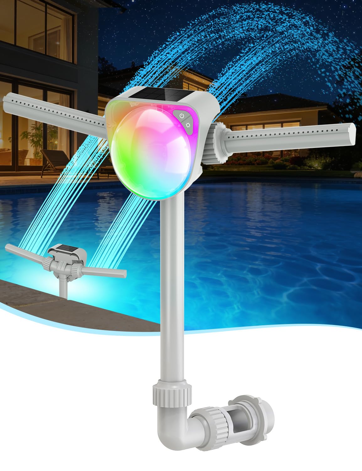 Photo 1 of Uekars Solar Pool Fountain w/7-Color LED Lights, 2026 Dual-Head Adjustable Spray Pool Fountains for Above & Inground Pools, High-Pressure Waterfall & Pool Sprinkler Fountain for Cooling & Relaxation