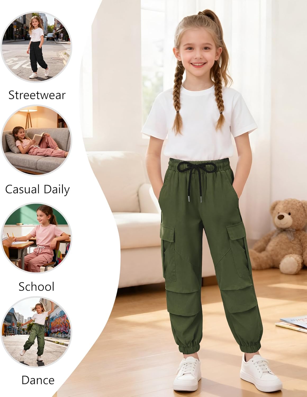 Girls Cargo Pant Cotton Elastic Waist Joggers Pants for Kids Hiking Training Sweat Casual Trousers with Pockets - Image 5