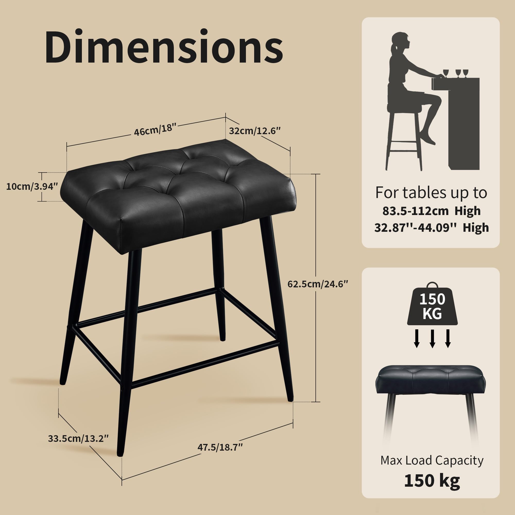 STOOLINK Juego de 2 Taburete Bar, Taburete Alto Cuero de Microfibra, Taburete Cocina con Reposapiés 62.5 cm Altura, Taburete de Bar 150 kg para Comedor, Mostrador-Negro