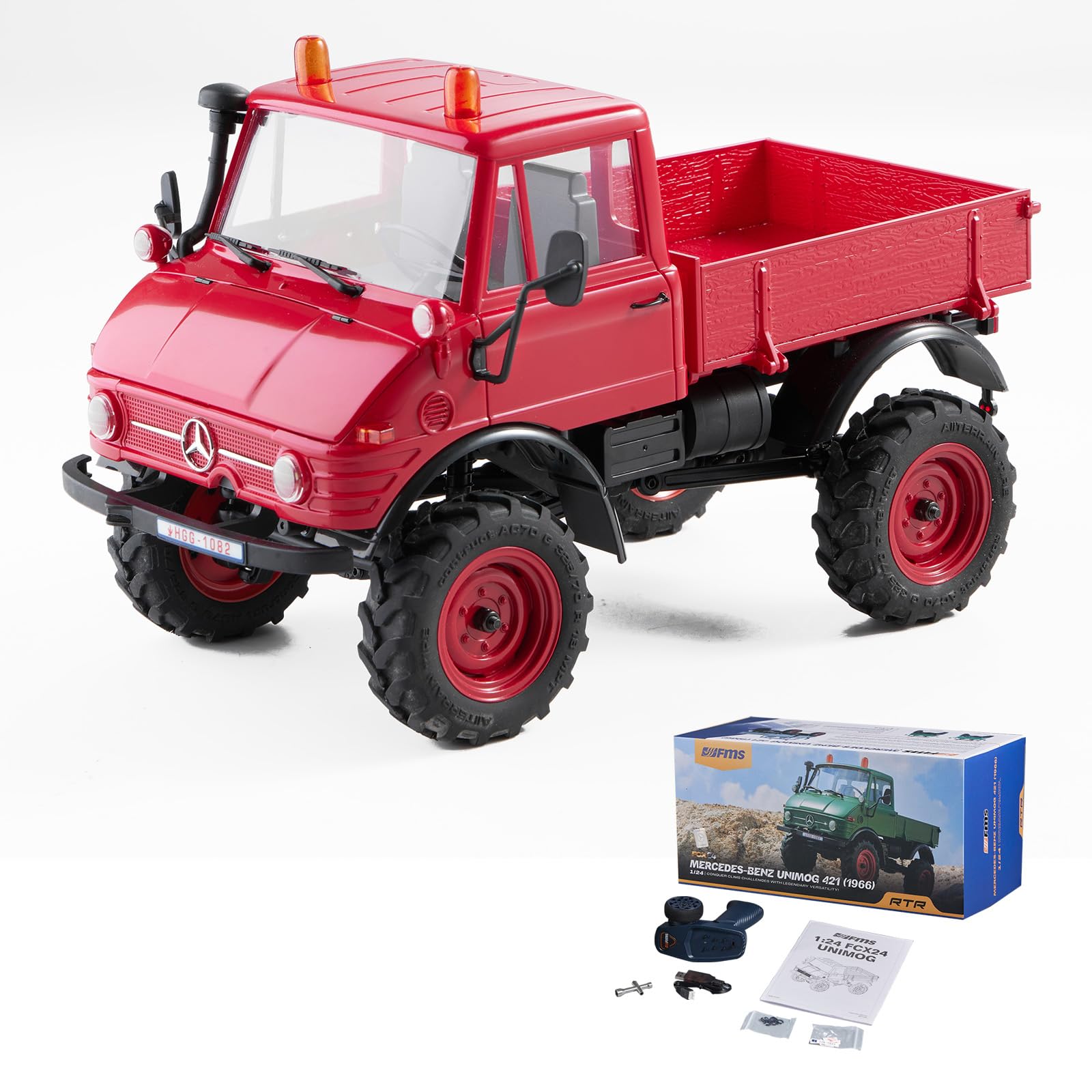 WOWRC FMS 1/24 RC Crawler, FCX24 Mercedes-Benz Unimog 4X4 RC Rock Crawler, 2.4Ghz Hobby Grade RC Car Model Off Road Vehicle RTR for Adults with 7.4V 380mAh Battery, Red