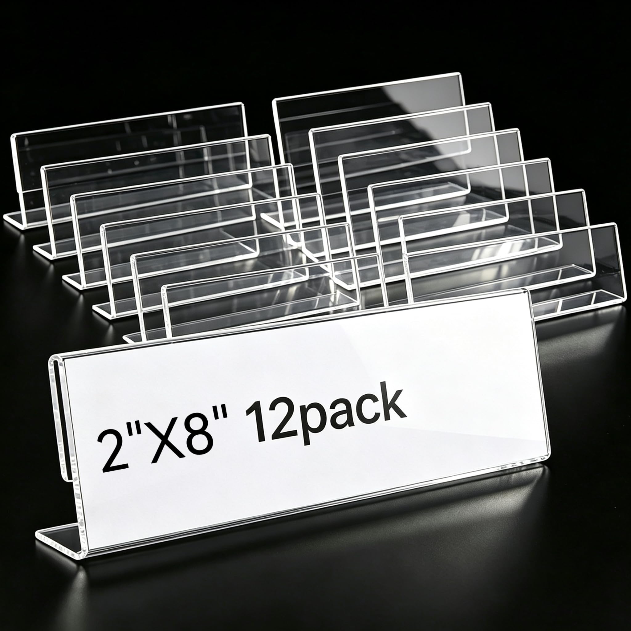XSMYXSY 12 Pack Acrylic 2x8 Name Plates for Desks,Horizontal Slant Back 2x8 Sign Holder for Table Display,Plastic Name License Plate Holder for Office Classroom Teacher Kids Woman Man,Blank