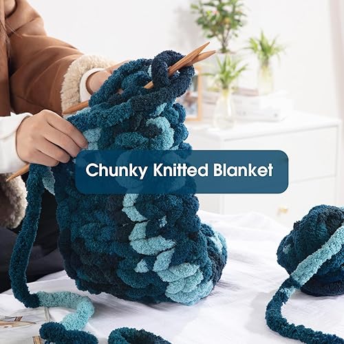 Miniatura 5 de Paquete de 8 hilos gruesos de teñido anudado para tejer a ganchillo, hilo de chenilla azul oscuro esponjoso jumbo, hilo de felpa suave voluminoso,