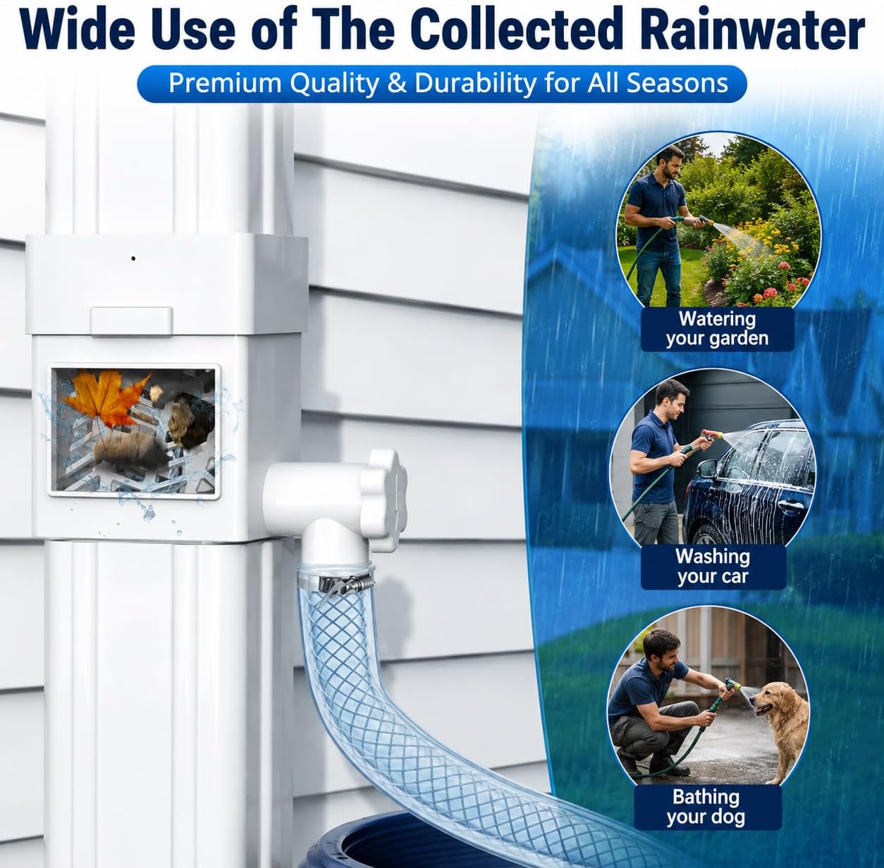 Premium Rain Barrel Downspout Diverter Rain Water Collection System Kit, Gutter Downspout Adapter with Filter, Adjustable Connector Hose, Fits Round & Square Downpipes for Rainwater Harvesting