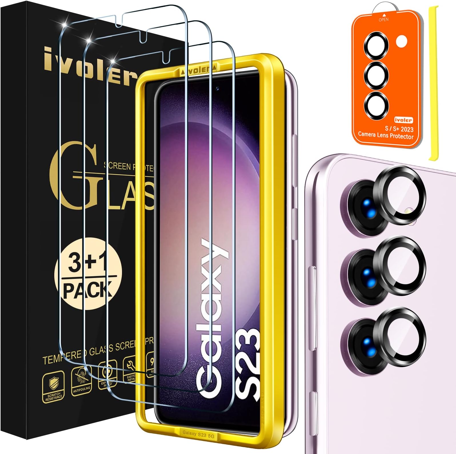 ivoler 3 Packs Screen Protector for Samsung Galaxy S23 5G with 1 Pack Camera Lens Protector and Installation Frame, 30-second installation,Anti-Scratch Tempered Glass, Ultra HD, 9H Hardness
