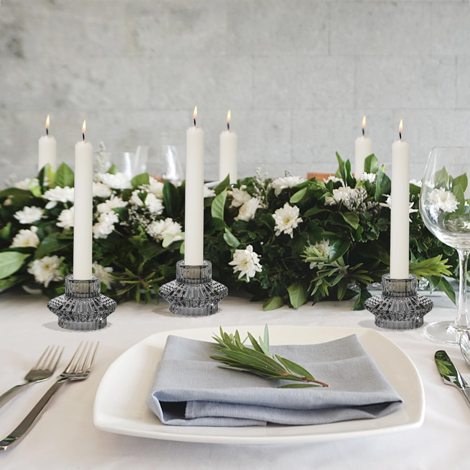 HofferRuffer Glass Candle Holders for Taper & Tealight Candles,Candlestick Holders 3pcs 2 in 1 for Dinner,Wedding Party,Christmas,Livingroom,Gifts Grey - Image 3