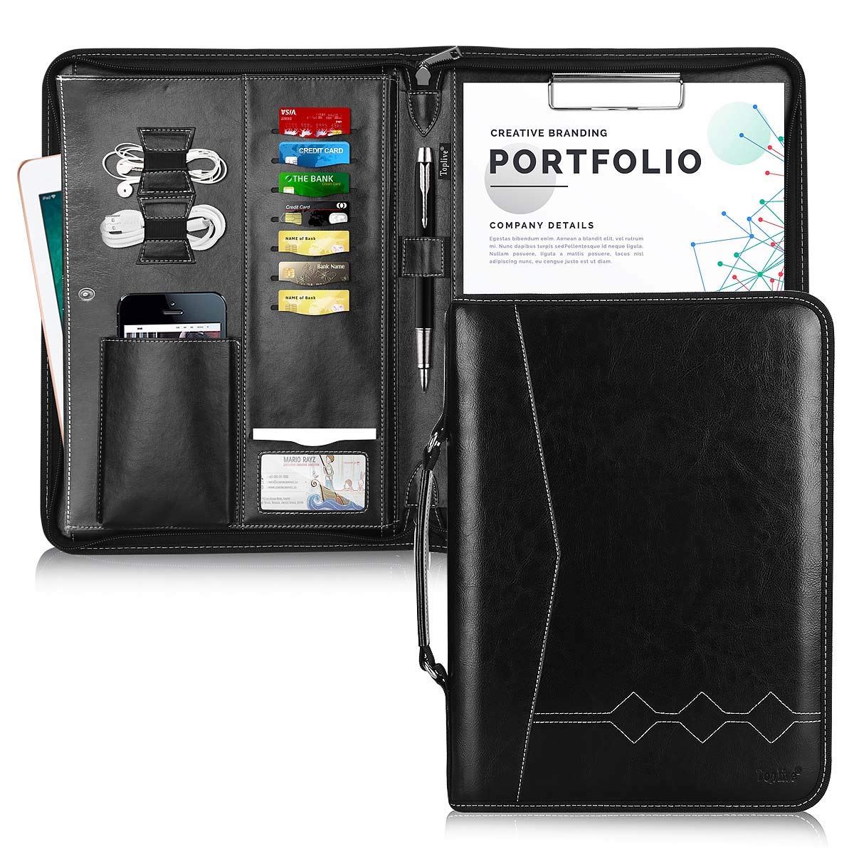 Toplive Executive Padfolio Portfolio Case - Business Document Organizer With Clipboard & Card Holders
