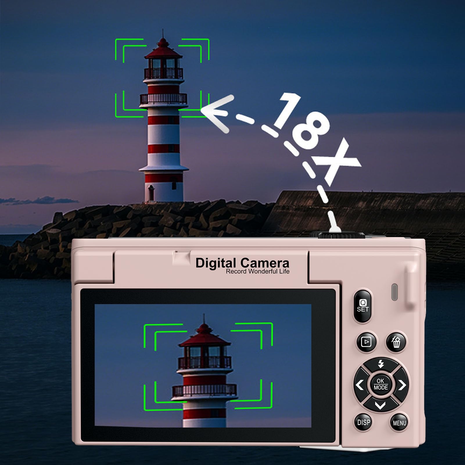 Fabater Fotocamera Digitale, Fotocamera Mirrorless WiFi 4K 75MP con Schermo Flip da 3 Pollici e Zoom 18X, Fotocamere da Viaggio Compatte per Ritratti Paesaggistici e Vlogging di (PINK)