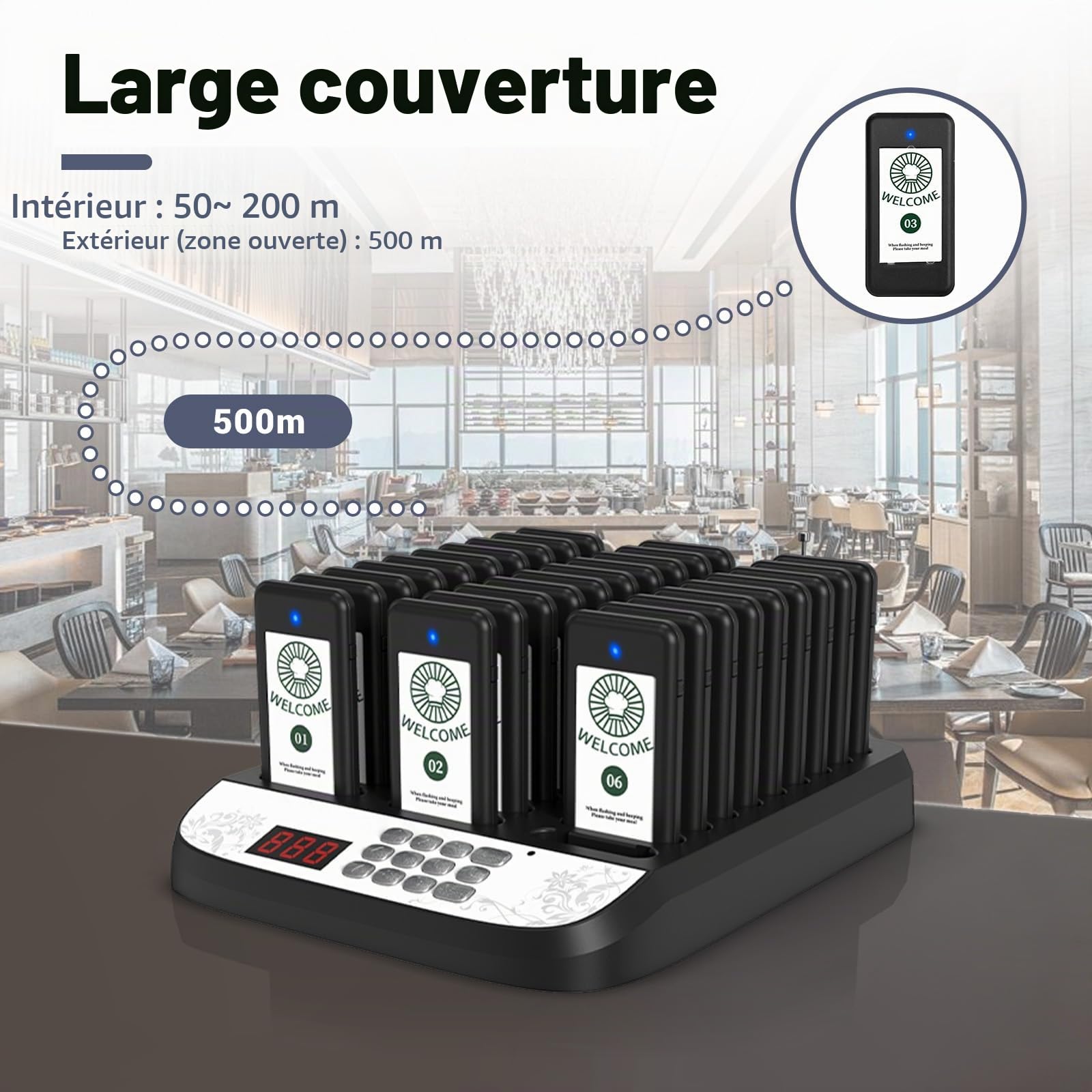 Bipeur Restaurant, 500 m bipper pour Restaurants, 30 Pagers | Bipper Restaurant pour le Respect de la Distanciation Sociale, Bipeurs étanches pour Food Trucks, Crèches, Cafés