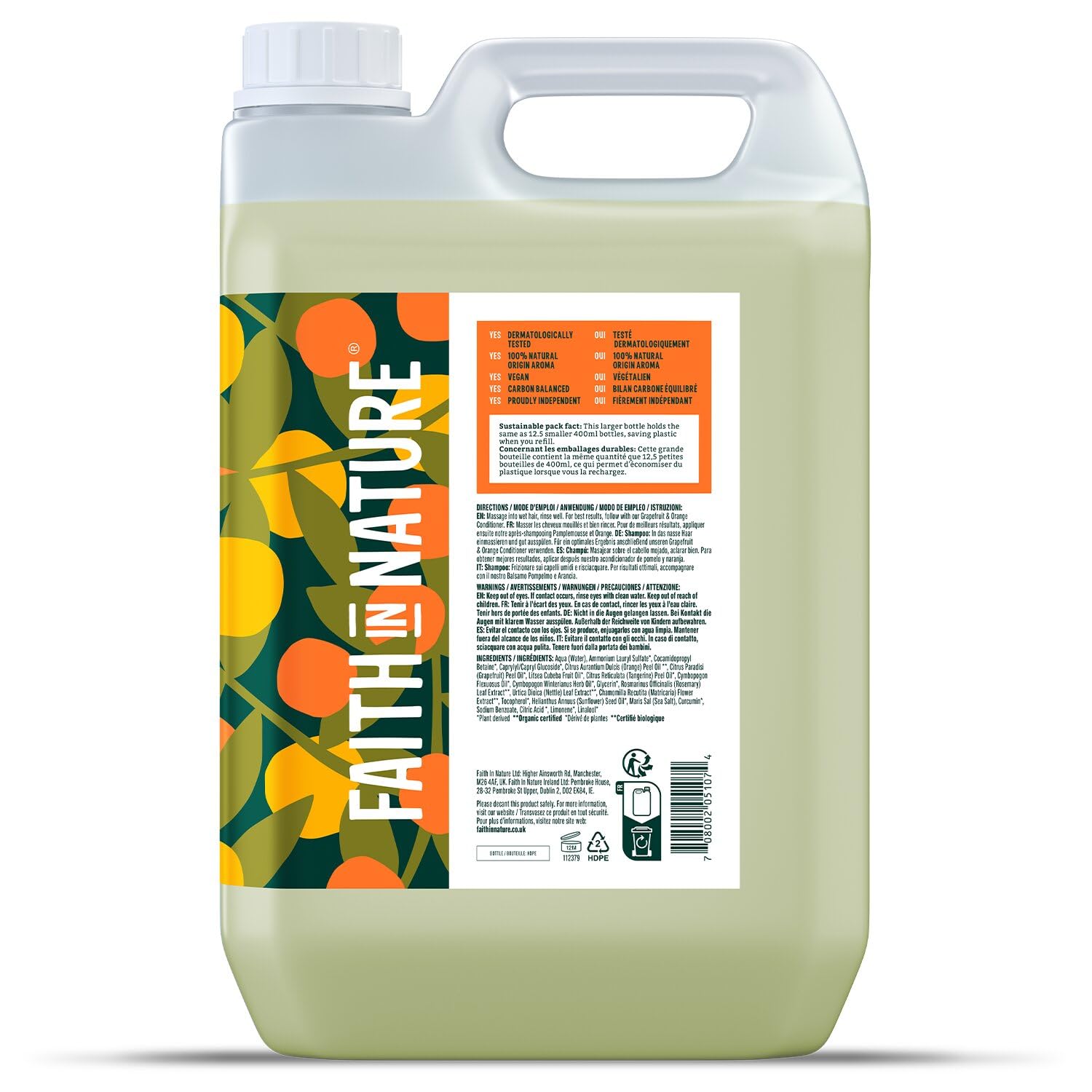 Faith In Nature Natural Grapefruit & Orange Shampoo, reinigend für fettiges Haar & Kopfhaut, vegan & tierversuchsfrei, ohne SLS, Silikone oder Parabene, 5L Nachfüllpack