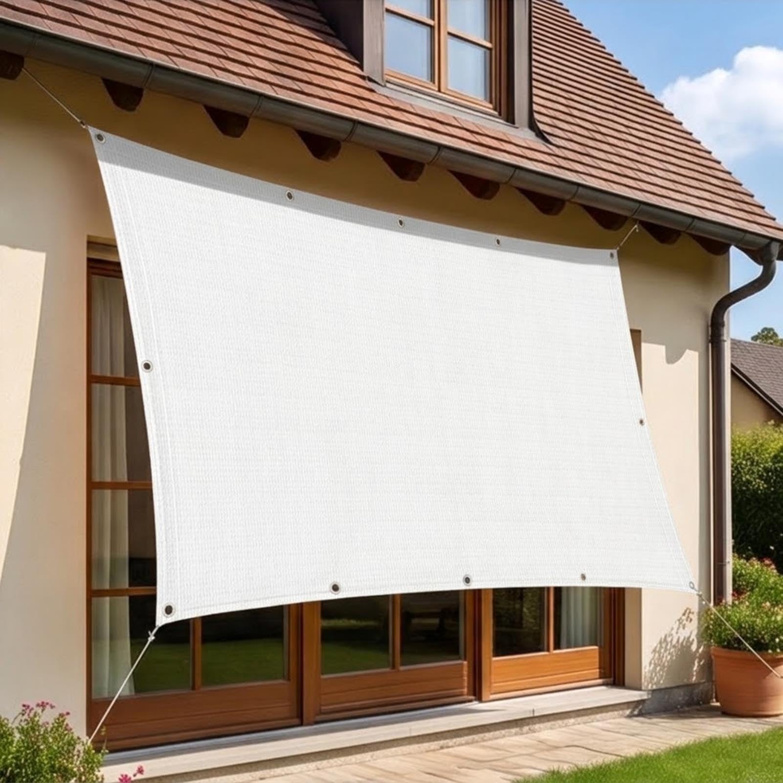 Ogrodowa siatka przeciwsłoneczna do ogrodu tkanina cieniująca 360 x 730 cm odporna na rozdarcie i wiatr oddychająca siatka cieniująca ze wzmocnionymi oczami na taras balkon trawnik ogród, biała