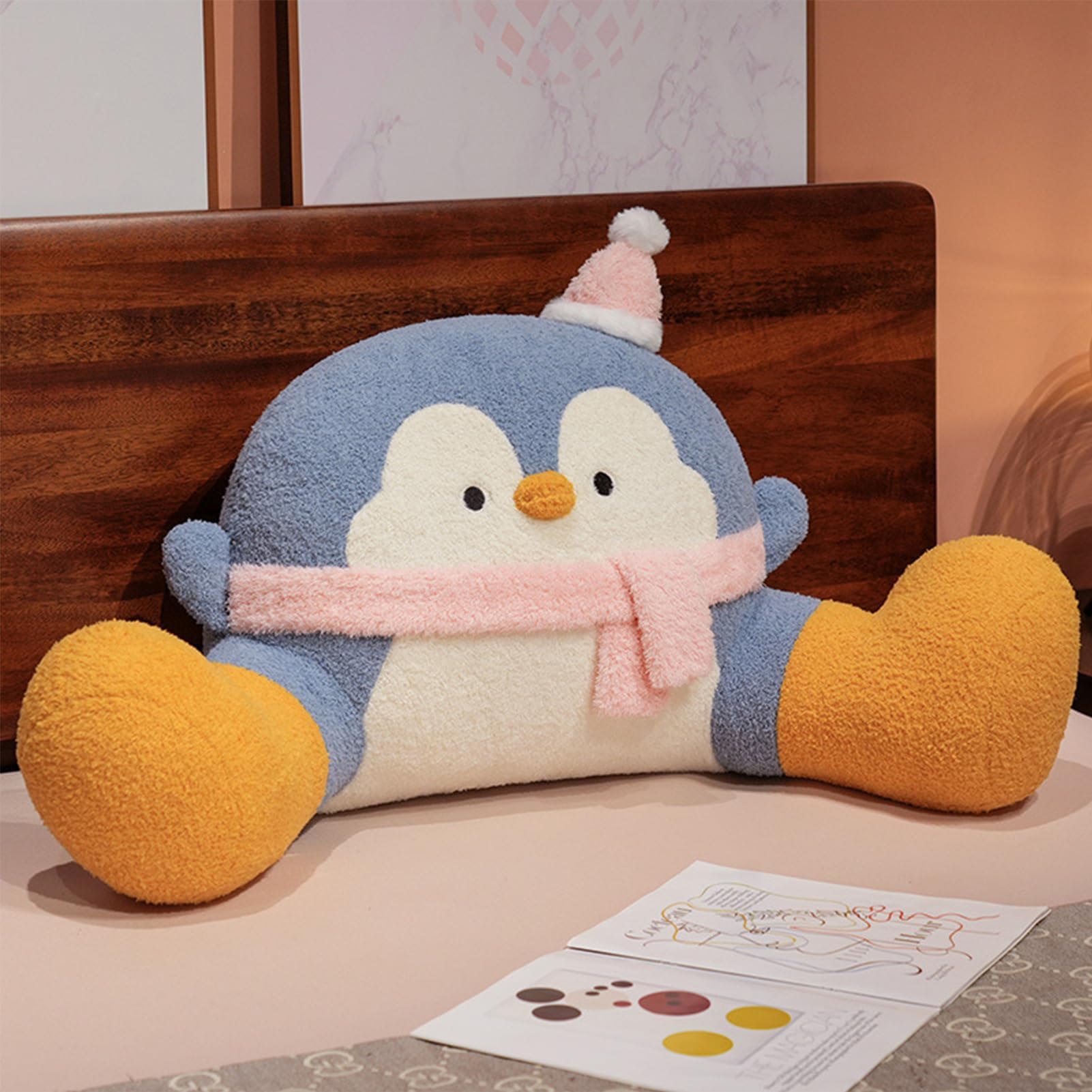 Cute Penguin Shaped Pillow,Plush Bedside Lumbar Support Reading Pillow with Arms,Soft Sofa Backrest Cushion for Sitting Up (Blue, 25.5 * 15.7inch)