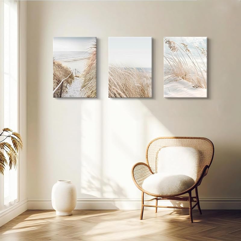 FajerminArt set 3 tablouri canvas mari, înrămate, peisaj marin și zăpadă, decor de perete modern, boho, botanic, 40 x 60 x 3 cm, pentru living și dormitor