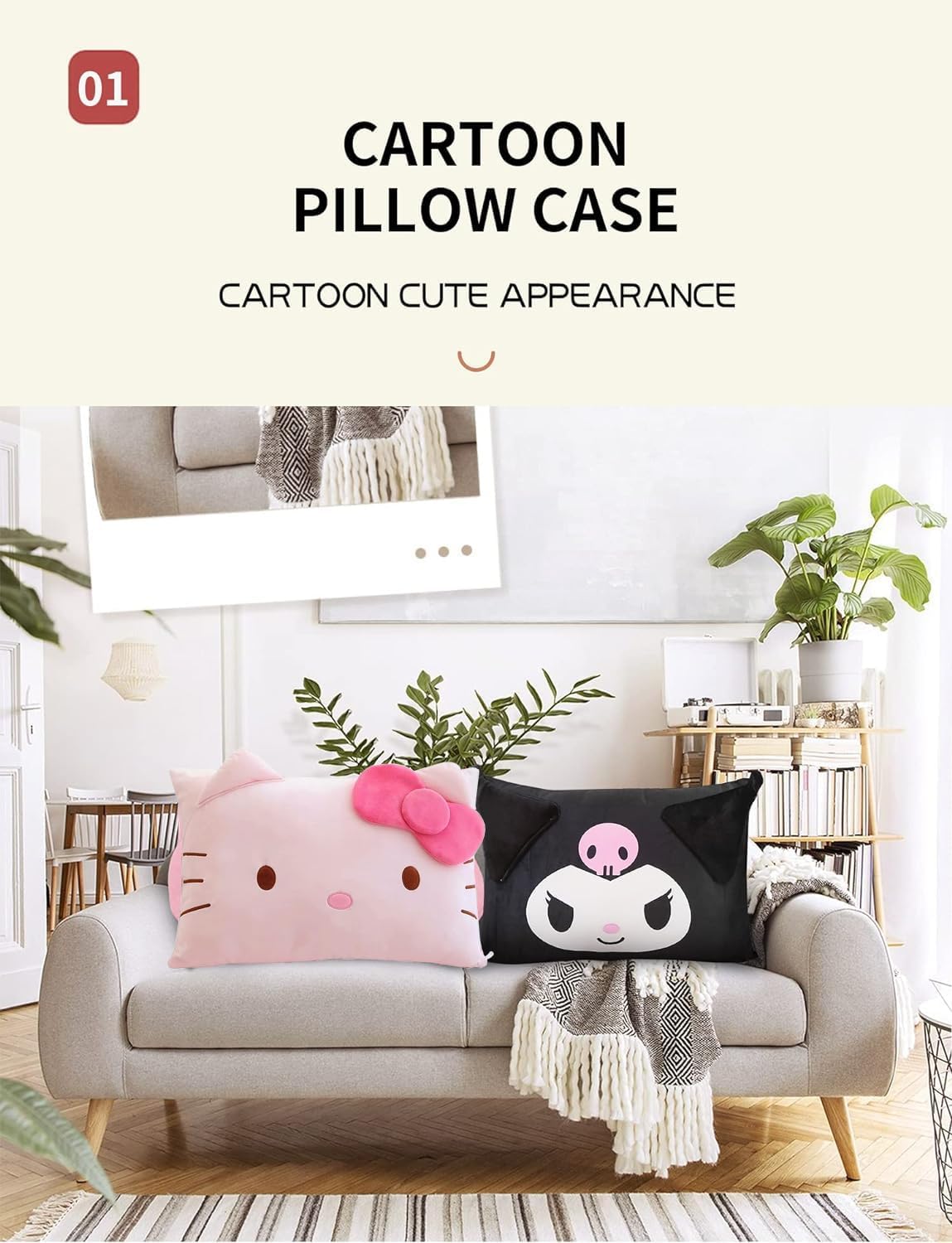 Cartoon Cute Pillowcase Anime Double Sided Plush Pillowslip Girl Bedroom Decoration Kawaii Cotton Pillowcase + Cute Hairpin (Red+Red)