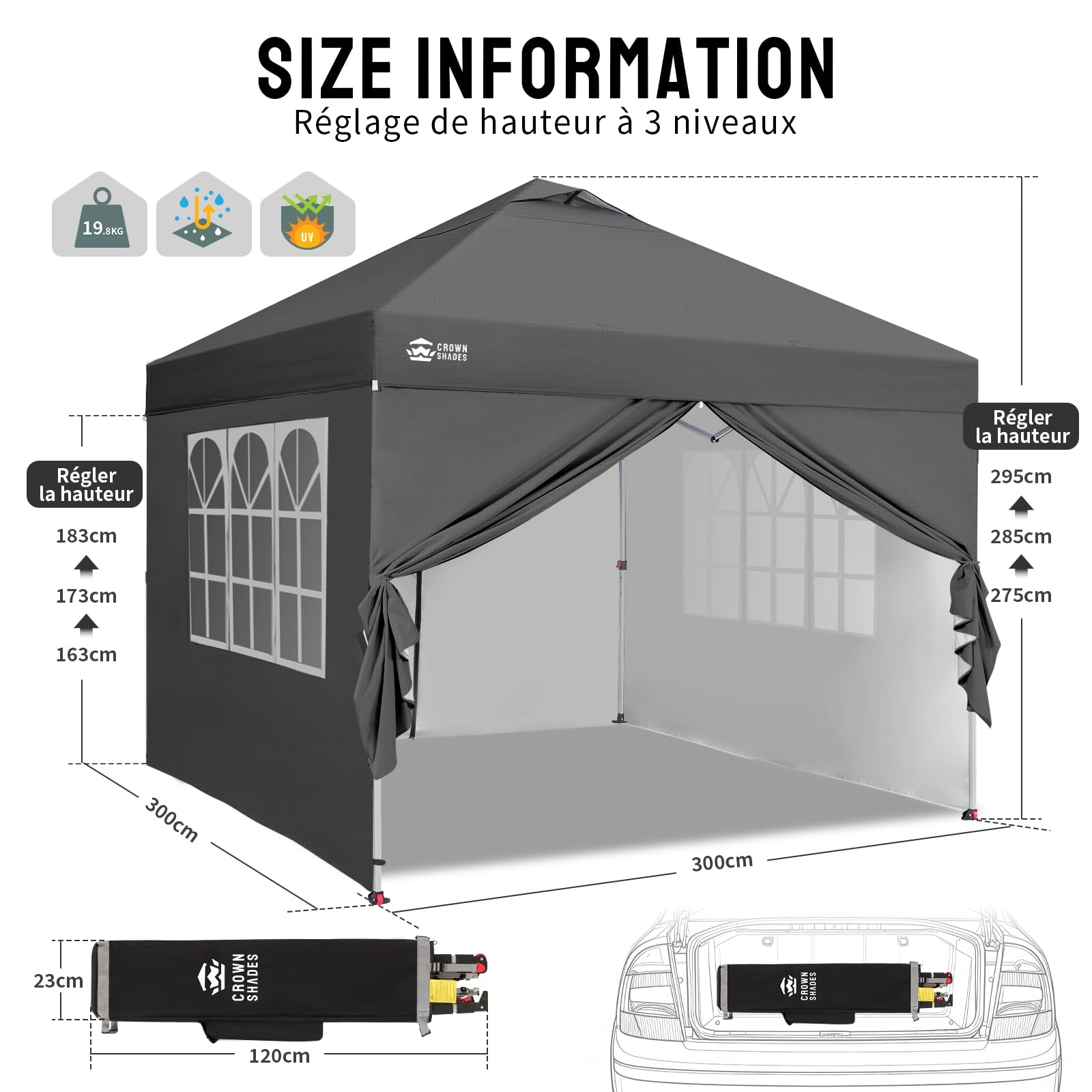 CROWN SHADES Tonnelle Pliante 3x3 Imperméable, Gazebo Pop-Up avec UPF 50+, 4 Parois Latérales Amovible, Gris