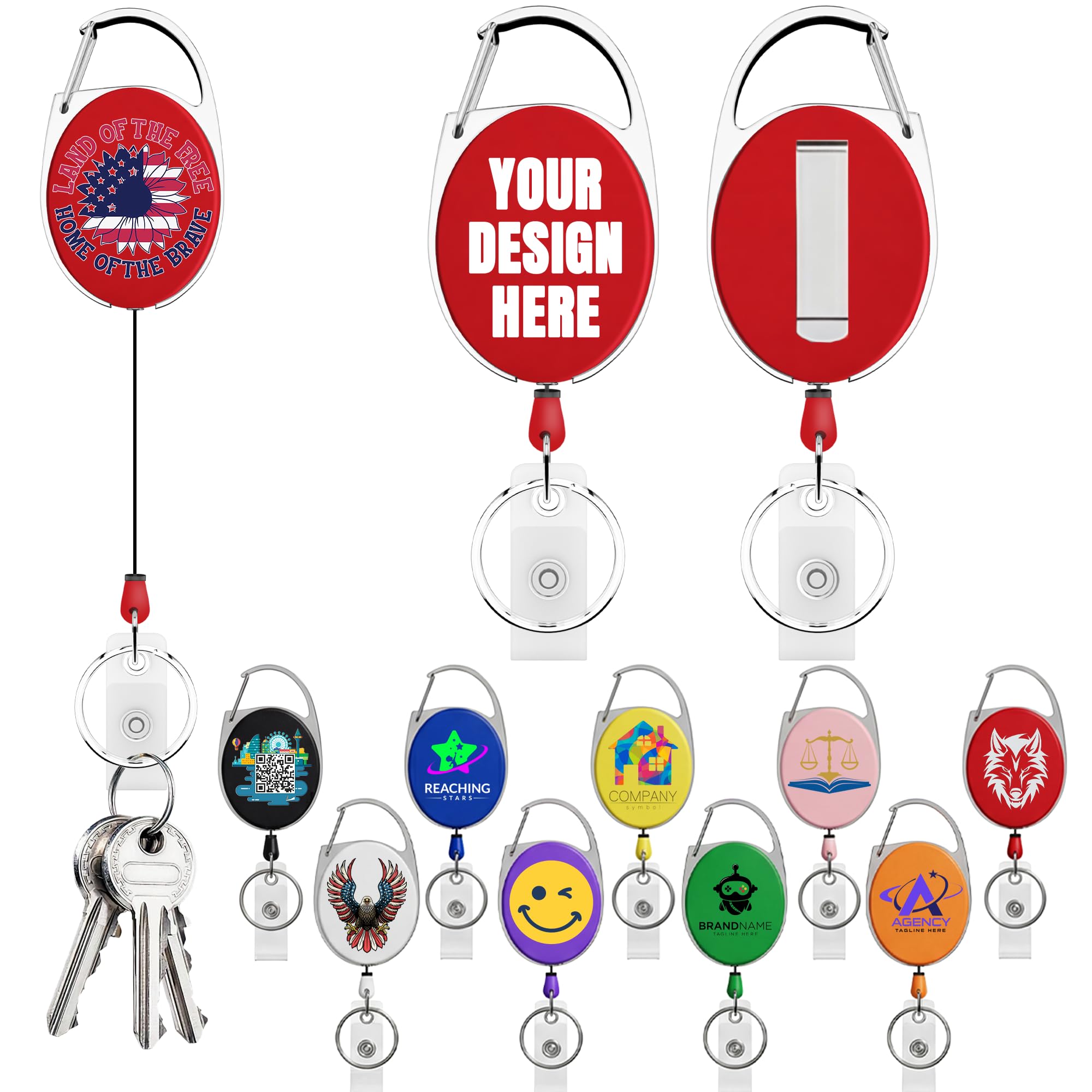 Custom Retractable Badge Holder with Carabiner Reel Clip, Pack 10-200 Heavy Duty Badge Reel Bulk with Your Logo/Text, Personalised ID Card Key Holder with Ring for Nurse, Office, Employee (Red)
