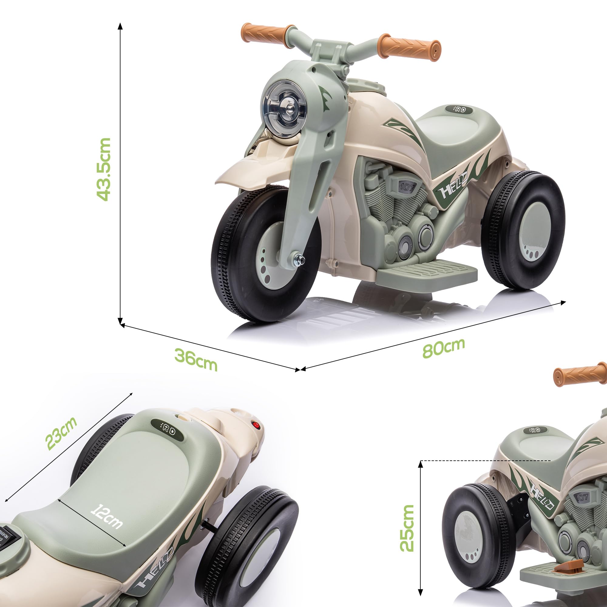 Moto elettrica per bambini AIYAPLAY, moto per bambini da 6V con musica, bolle di sapone, veicolo per bambini con faro, 2,5-3 km/h, per bambini da 2 a 5 anni, max. 30 kg, bianco crema