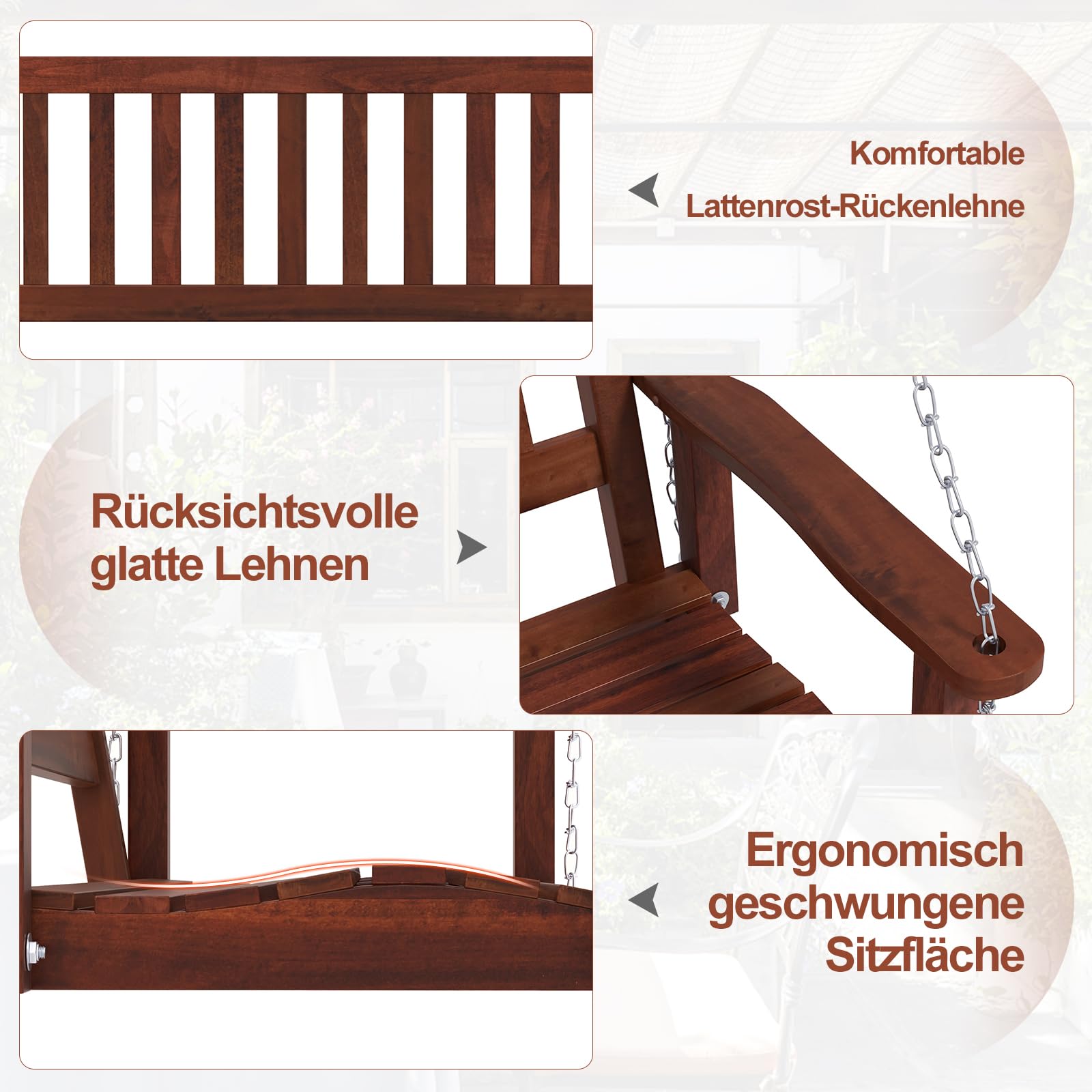 GOPLUS Hängebank, Gartenschaukel aus Pappelholz bis 227kg/360kg belastbar, Hängeschaukel mit Verstellbarer Kette, Hollywoodschaukel Schaukelbank Outdoor für Terrasse Garten Hof (3-Sitzer,Braun)