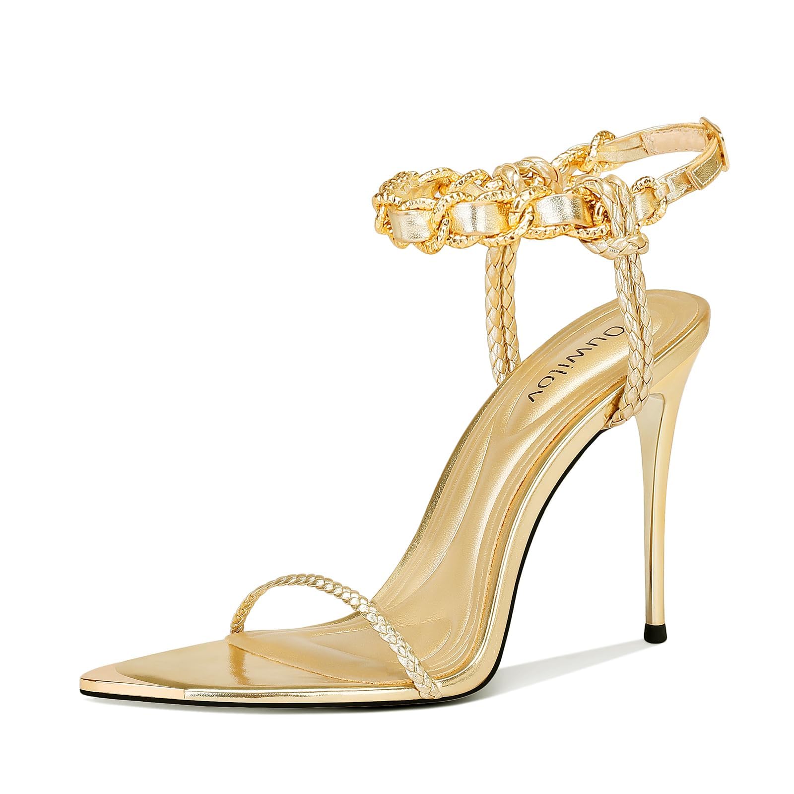 Ouwilov Gold Strappy Stiletto Heels for Women Metallic Ankle Strap Open Toe High Heel Sandals Elegant Dress Shoes for Wedding Party Prom and Evening