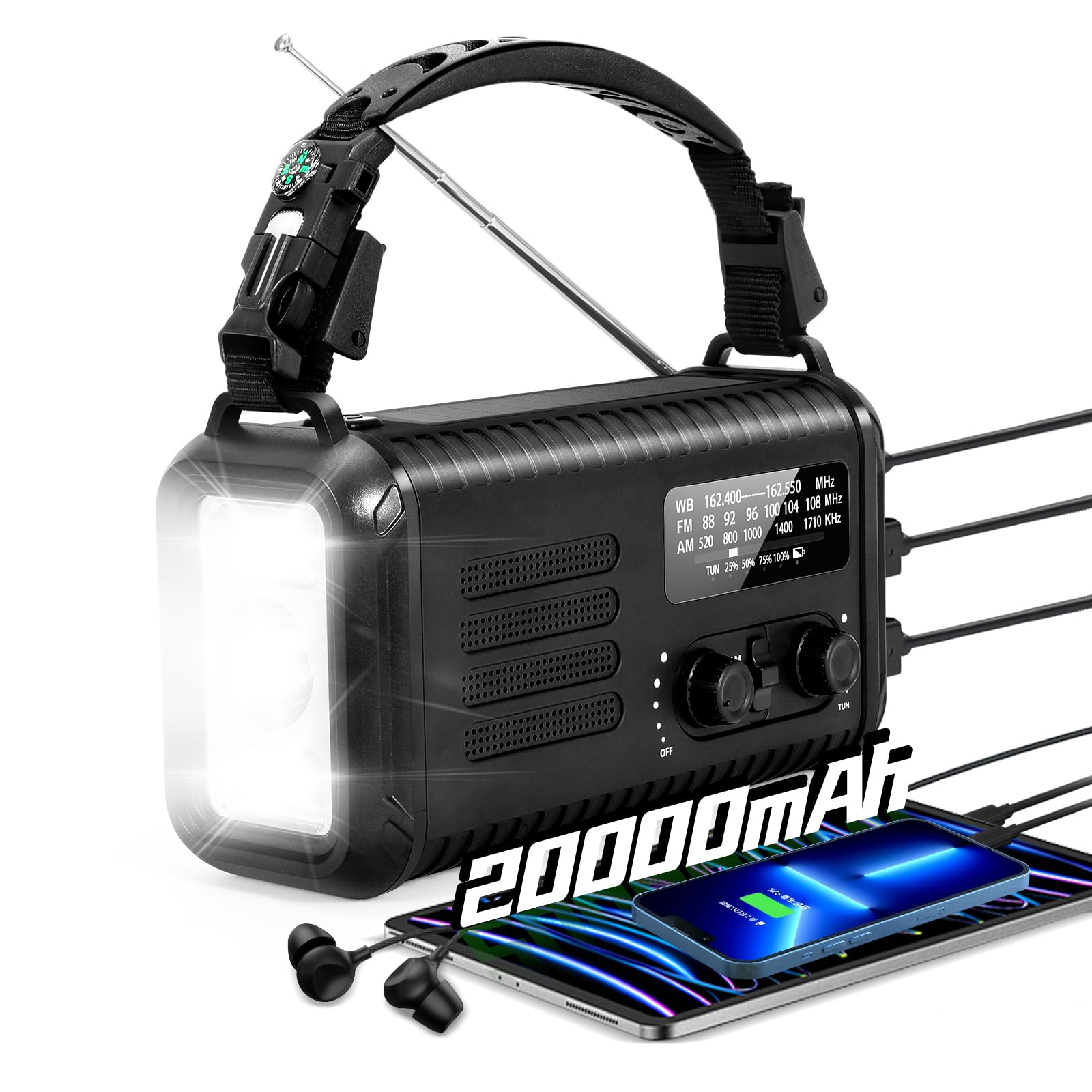 20000mAh / 74000mWh Emergency Crank Radio, NOAA/AM/FM Portable Weather Radio, Solar Hand Crank Radio, Battery Powered with USB Phone Charger, Flashlight Reading Lamp & SOS for Survival Camping (Black)