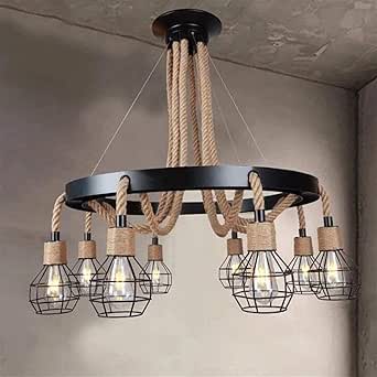 FanXus Europese stijl retro indoor kroonluchter handgeweven henneptouw plafondlamp metalen hangende ketting 8 ronde tak hangende lamp verstelbare hoogte energiebesparende hanglamp Change for the better