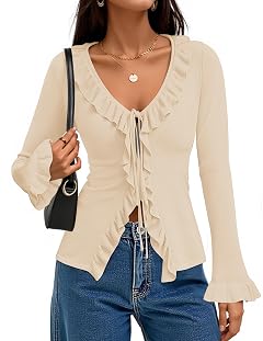 ZESICA Womens 2026 Fall Tie Front Bow Cardigan Sweaters Long Bell Sleeve V Neck Ruffled Knit Cropped Trendy