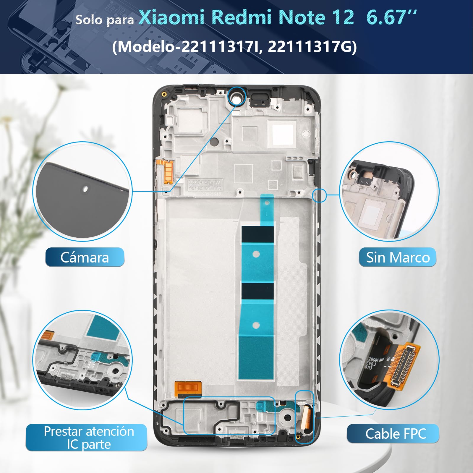 RongZy Pantalla para Xiaomi Redmi Note 12 4G 23021RAAEG 23021RAA2Y Pantalla Táctil LCD Kit de Pantalla de Repuesto Ensamblaje Digitalizador de Reemplazo con Herramientas(Negro con Marco)