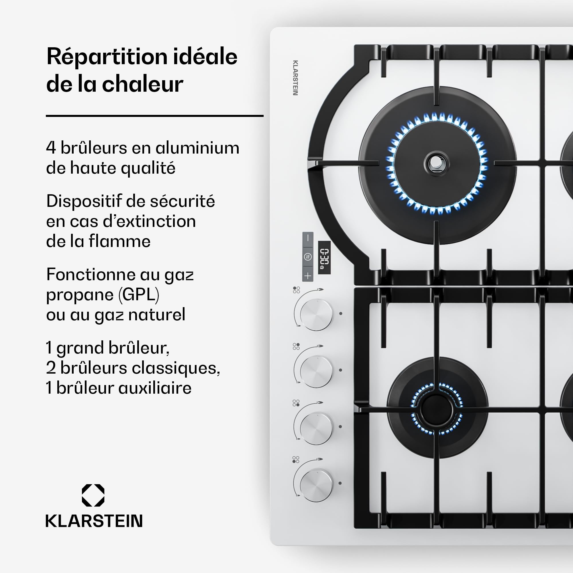 Klarstein Ignito Plaque de Cuisson Gaz, 4 Brûleurs Aluminium, 8000W, Minuterie, Sécurité Flamme, Fonte, Allumage Électrique, 60x51cm, Plaque Gaz GPL & Naturel, Blanc