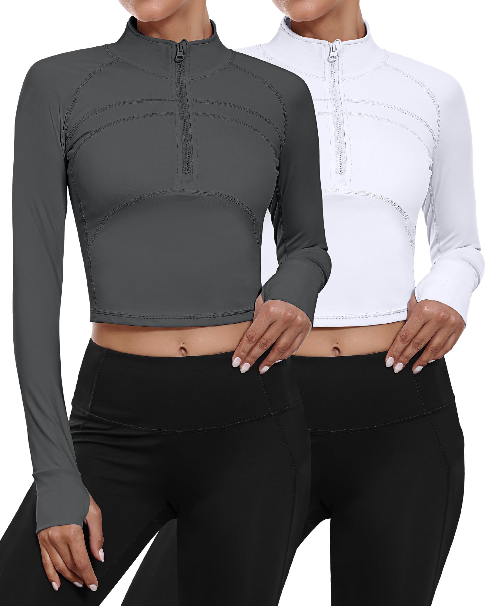 Neer2 Pack Women's Workout Long Sleeve Jackets, 1/2 Zip Pullover Yoga Crop Tops Slim Fit Running Top with Thumb Holes