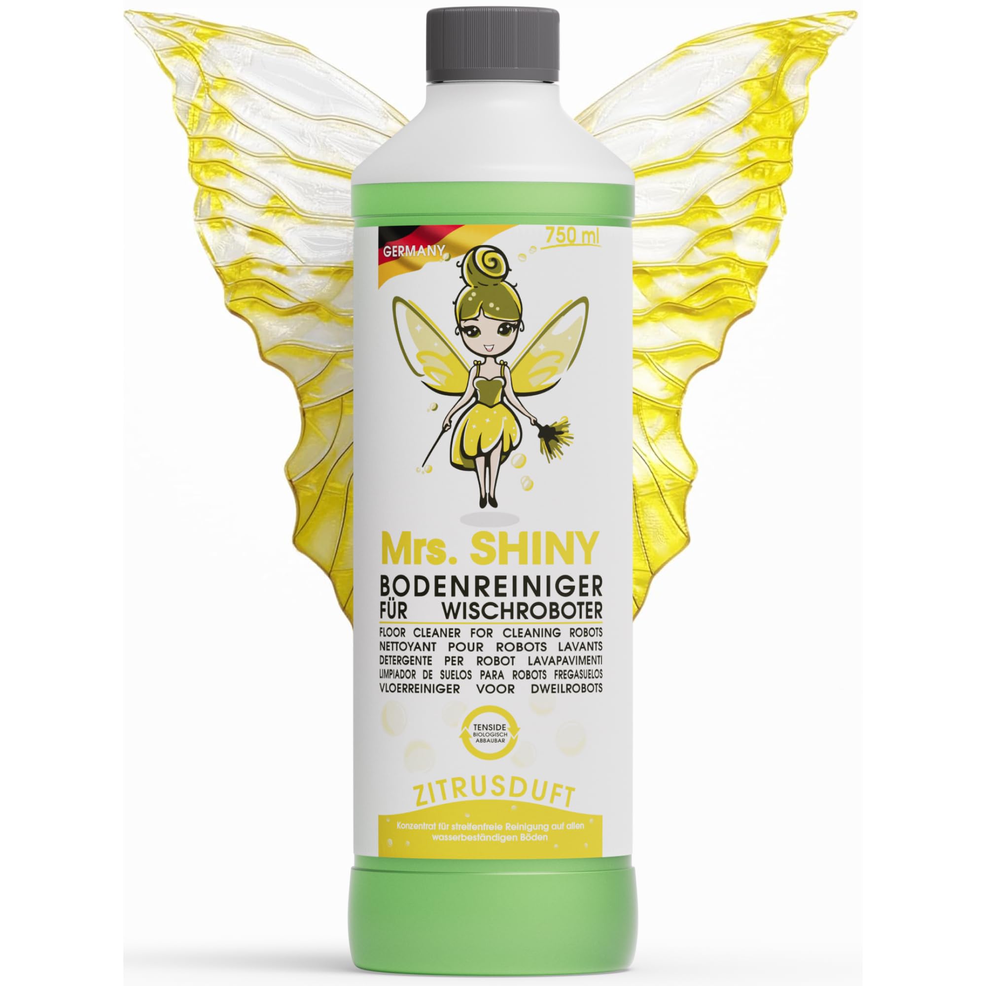 Mrs. SHINY - Wischroboter Reinigungsmittel mit Frischeduft - streifenfreie Sauberkeit & schnelles Trocknen - Bodenreiniger Wischroboter - Kompatibel mit allen Saugwischern - 750ml (Zitrone)
