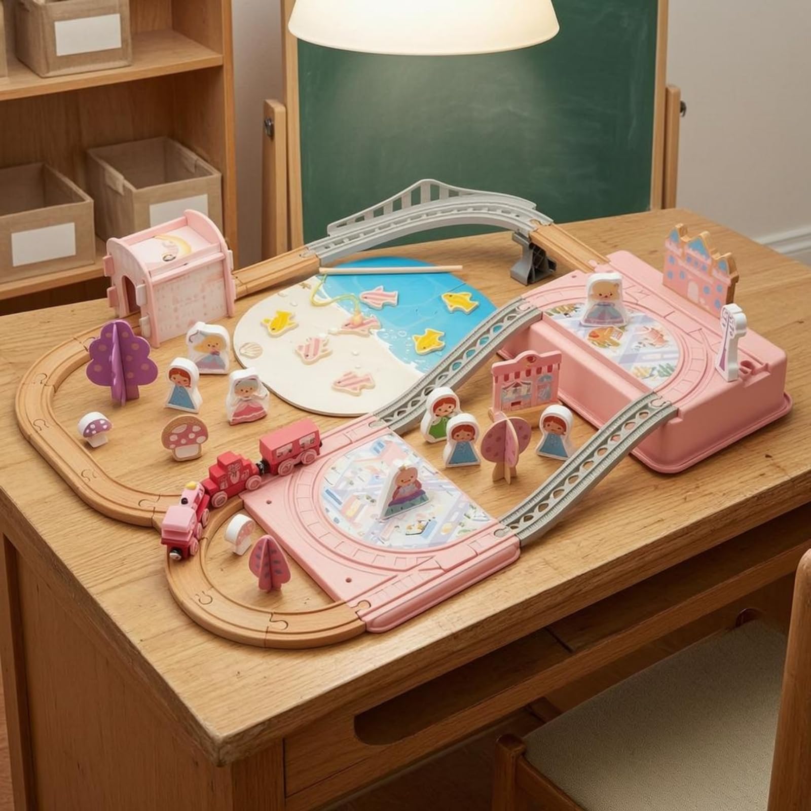 Juguetes de Construcción Infantiles Set de Tren Princesa Pista de Madera Ferrocarril Vagón Accesorios Escenografía con Resistente y Piezas Adecuado