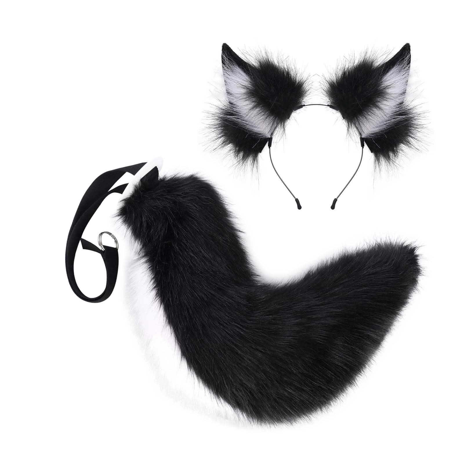 QinRuan Faux Fur Wolf Ears Headband Furry Dog Tail Set Animal Coustume Cospaly Halloween Party