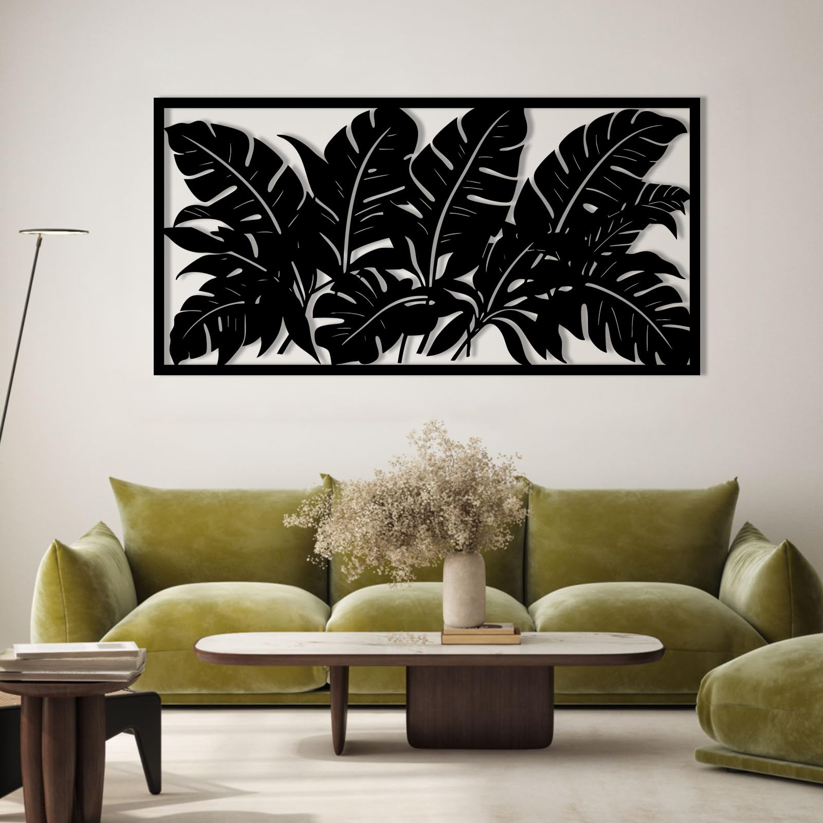 Schwarze Metall-Wandkunst mit Palmenblättern, Tropische Metall-Wandkunst, Blattkunstwerk, Moderne Skulptur für Wohnzimmer, Schlafzimmer, Flur, Heimdekoration (Weiß, 53" x 27" / 135 x 69 cm)