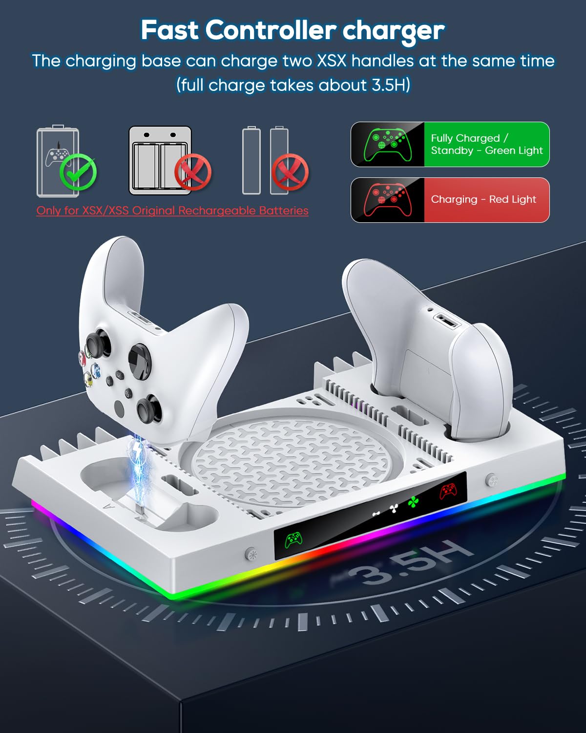 Ventilador de refrigeración mejorado y soporte de carga dual para consola Xbox Series X y controlador, sistema de estación de carga para serie X con 15 luces RGB, 2 baterías recargables de 1400 mAh,