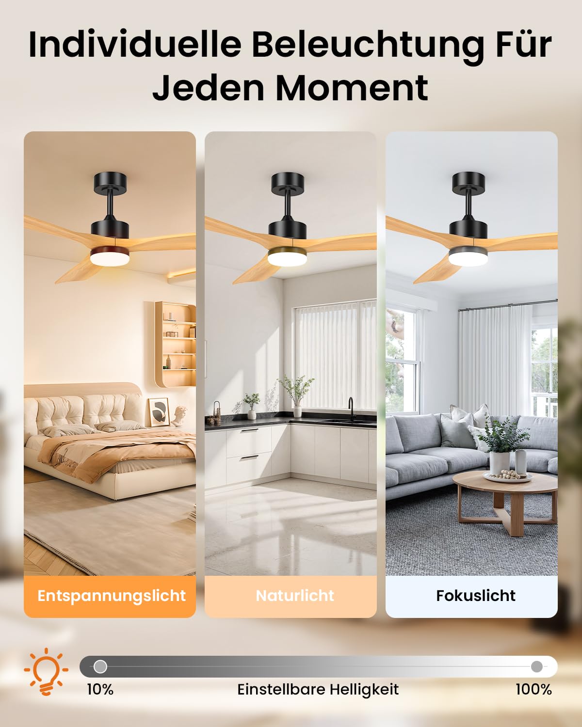 Airwit 152cm Holz Deckenventilator mit Beleuchtung, dimmbarem LED-Licht, Fernbedienung, leiser reversibler DC-Motor