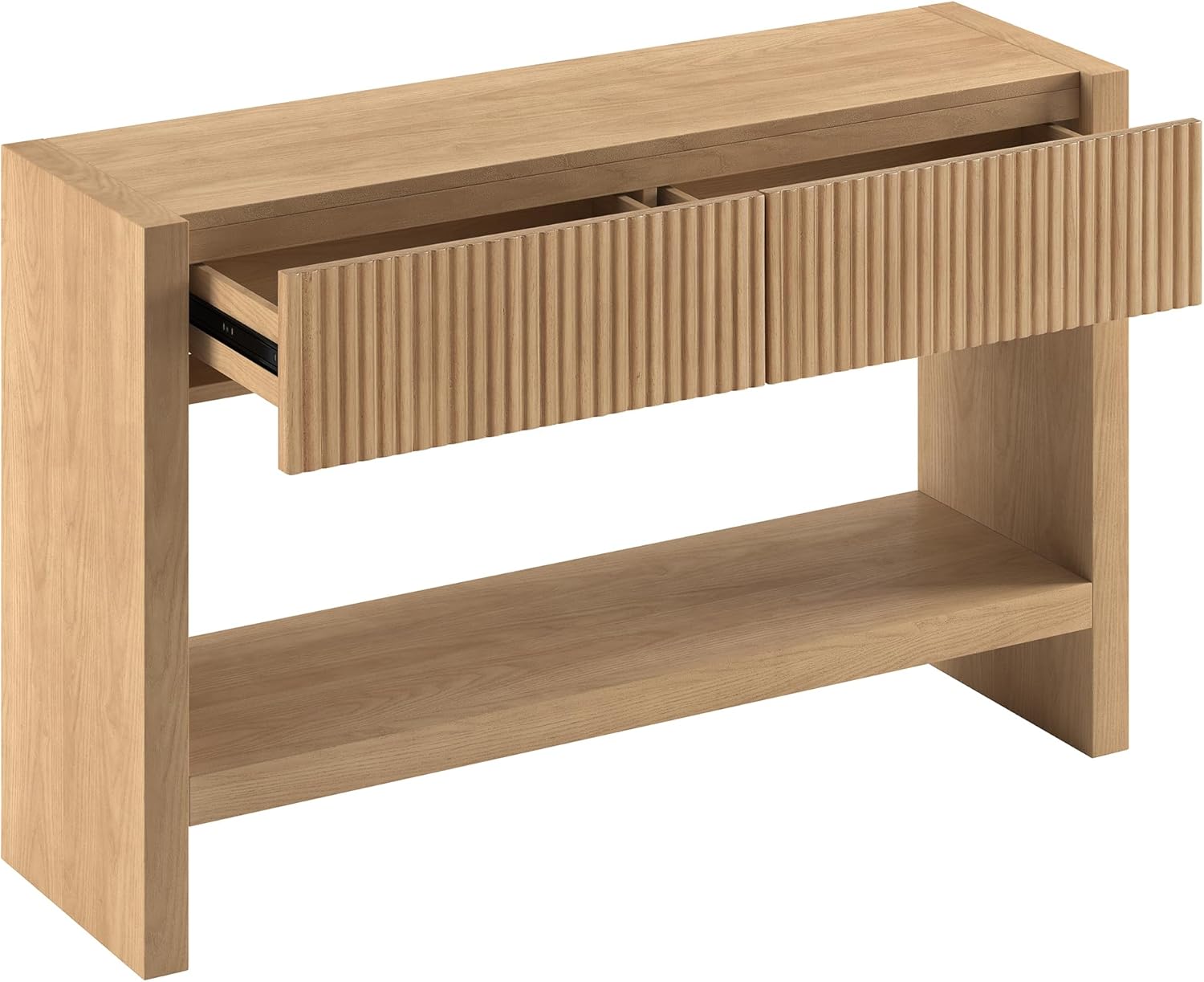 Henn&Hart 48'' Wooden Rectangular Fluted Console Table, Ribbed Entryway Table, Sofa Table with 2 Storage Drawers and Open Storage Shelf for Entryway, Living Room, Couch, Hallway, or Office, Light Oak