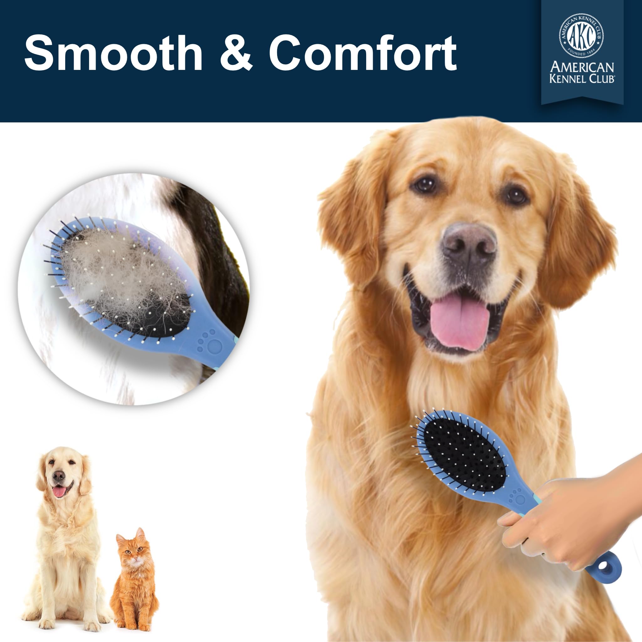 American Kennel Club AKC Pet Grooming Brush for Dogs and Cats - 2-in-1 Deshedding and Detangling Brush with Dense Nylon Bristles, Removes Loose Hair for Short and Long Coat Dogs and All Breeds - image 3