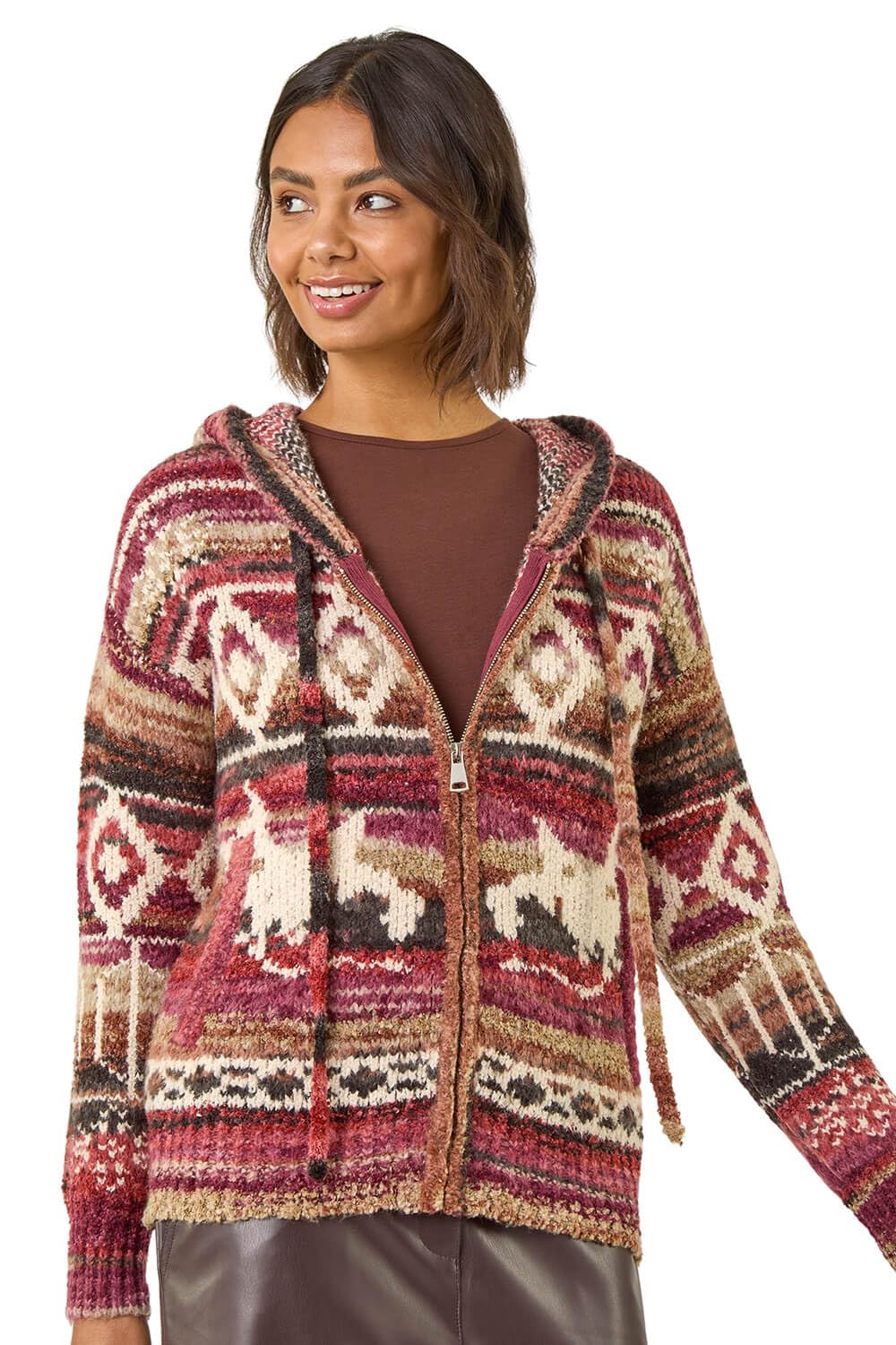 Roman Women's Jacquard Zip Hooded Cardigan Sweater in Burgundy | Size: 20