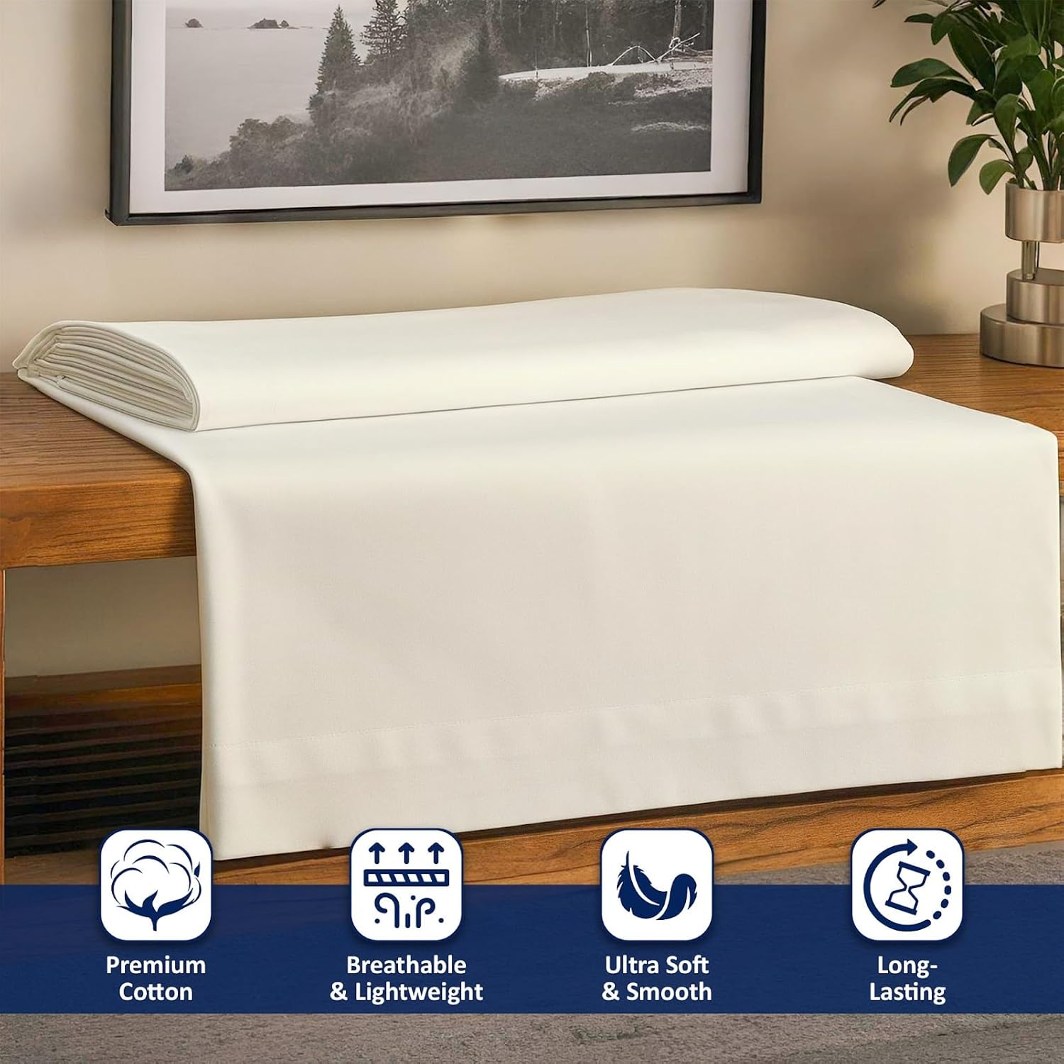 Cottingon King Size Flat Sheet - 100% Cotton Sateen Top Sheet, Soft, Cooling & Breathable Bed Sheet, Hotel Quality, Luxury Single Flat Sheet - Ivory