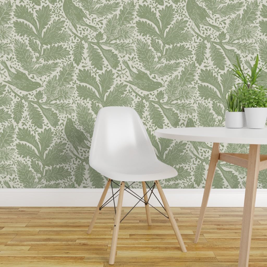 Removable Wallpaper 3ft x 2ft - Sage Floral,Grandmillennial,Songbirds,Arts and Crafts,French Style,English Garden,Statement Floral Custom Pre-Pasted Wallpaper by Spoonflower