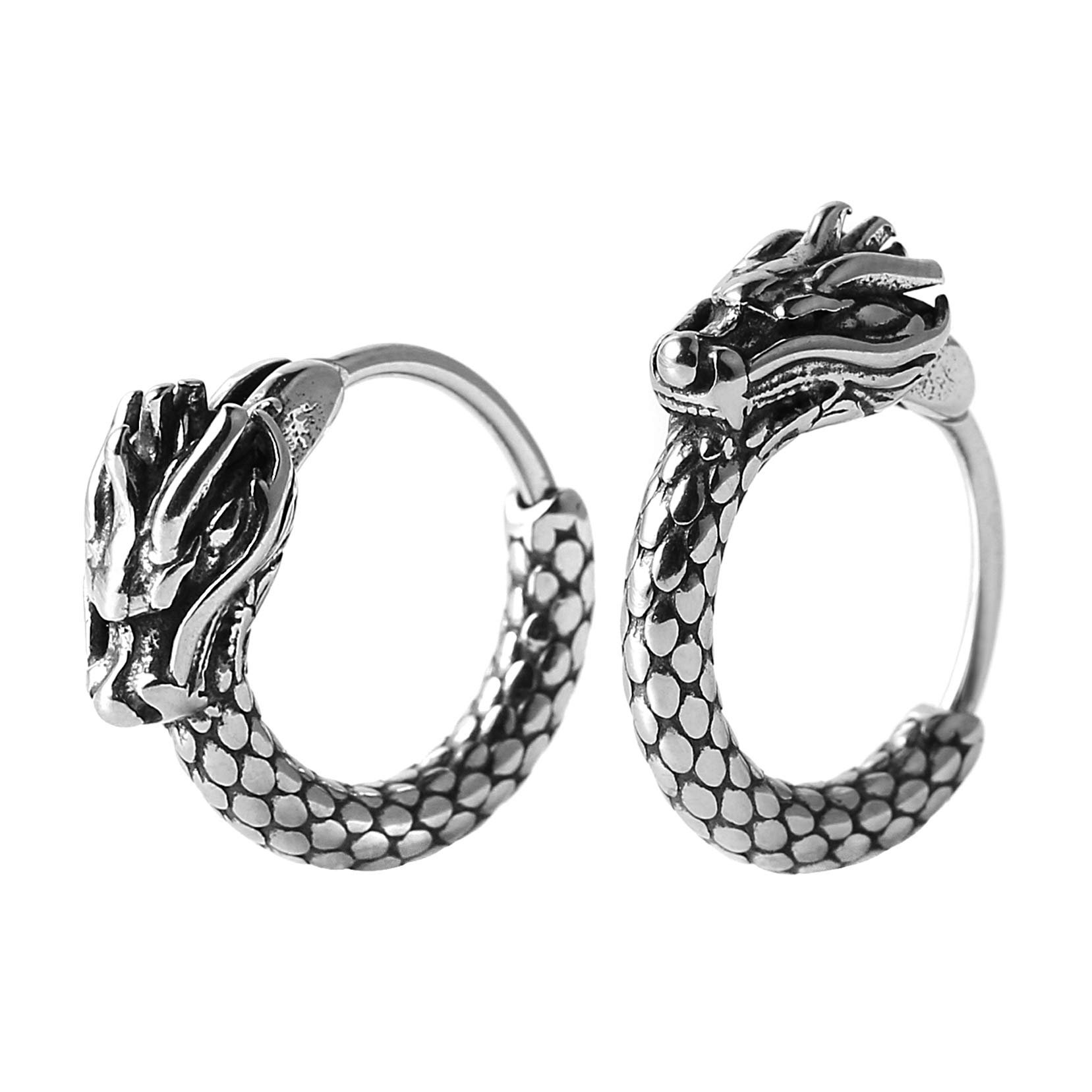 men women 2pcs punk rock silver dragon stainless steel perforated round stud earrings jewelry gift, stainless steel, no gemstone