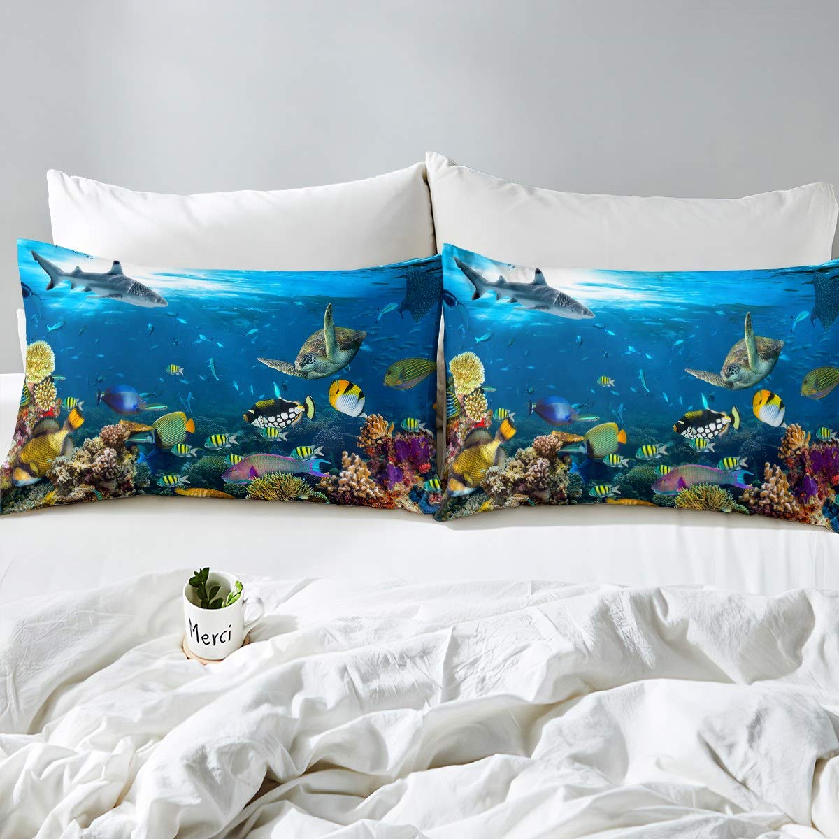 Loussiesd Set di biancheria da letto per ragazze e ragazzi, con motivo tartaruga marina e oceanica, per letto matrimoniale, 3 pezzi