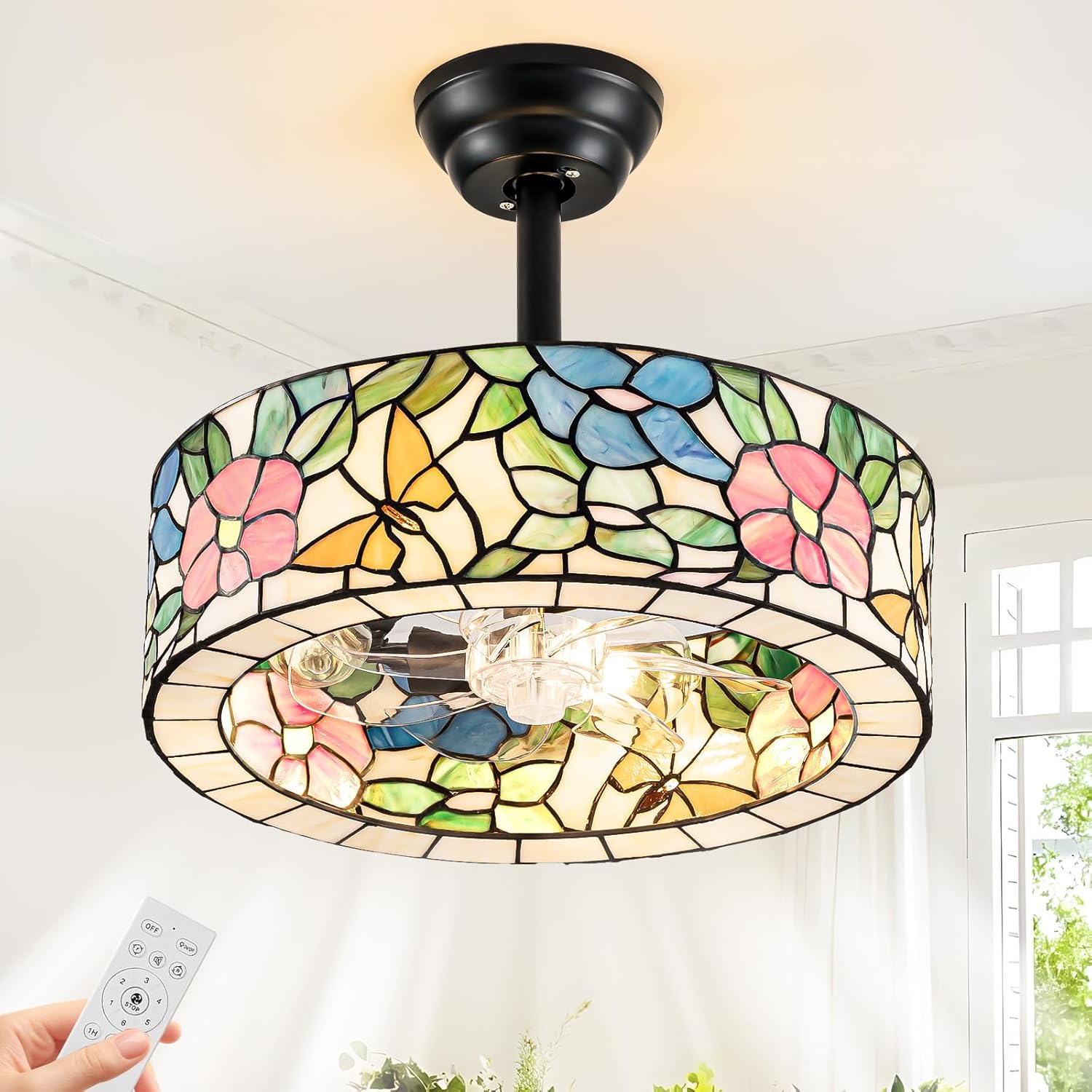 Tiffany Style Caged Ceiling Fan with Light – Handmade Painted Glass Shade, Chandelier Fan with Remote Control,6 Speeds,Reversible Motor and 1/2/4h Timer Fandelier for Living Room, Bedroom, Dining Room