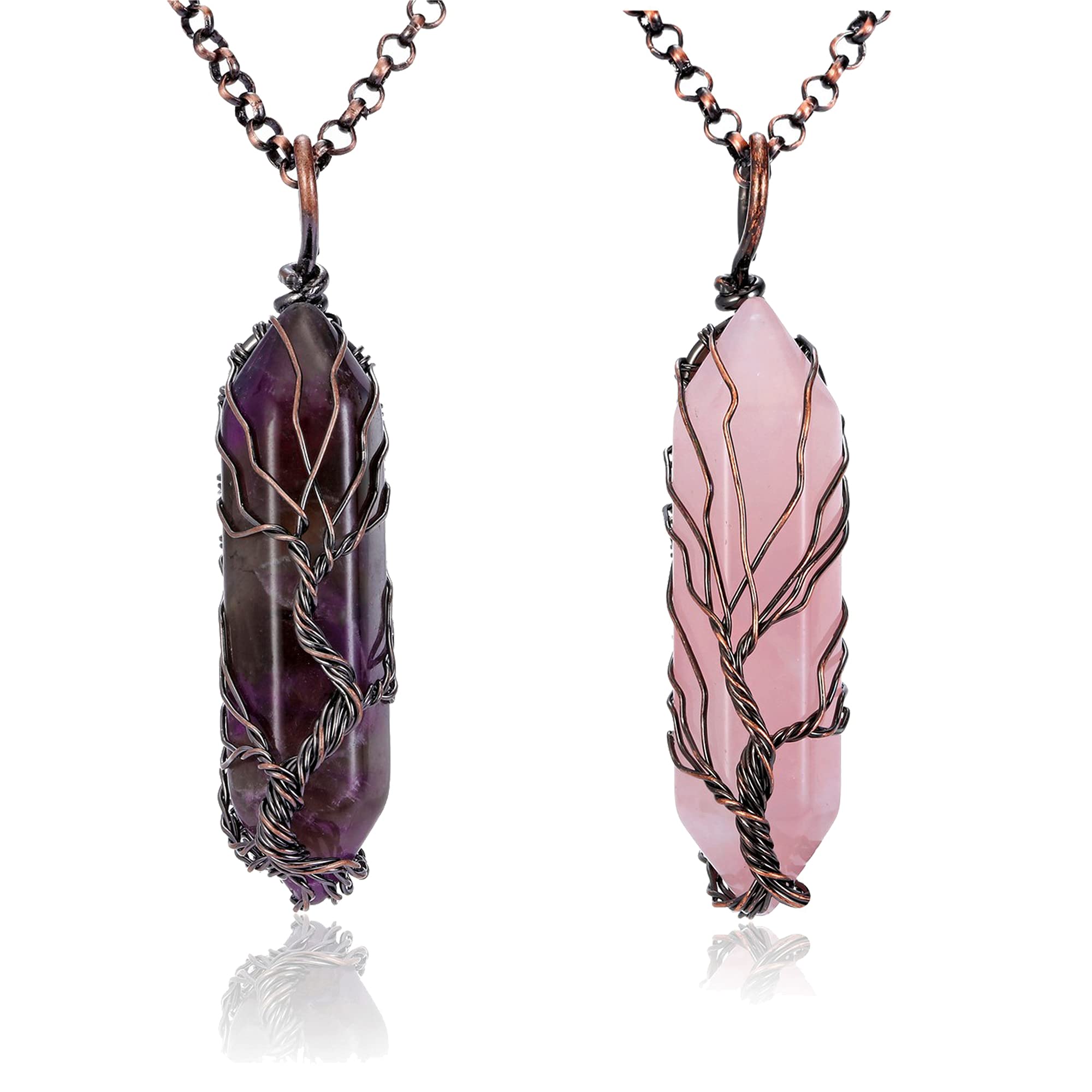 JSDDE Amethyst Rose Quartz Hexagonal Pendant Necklace Tree of Life Wire Wrapped Natural Crystal Prism Jewelry Energy Point Gemstone Chakra Necklace for Couple Women Men
