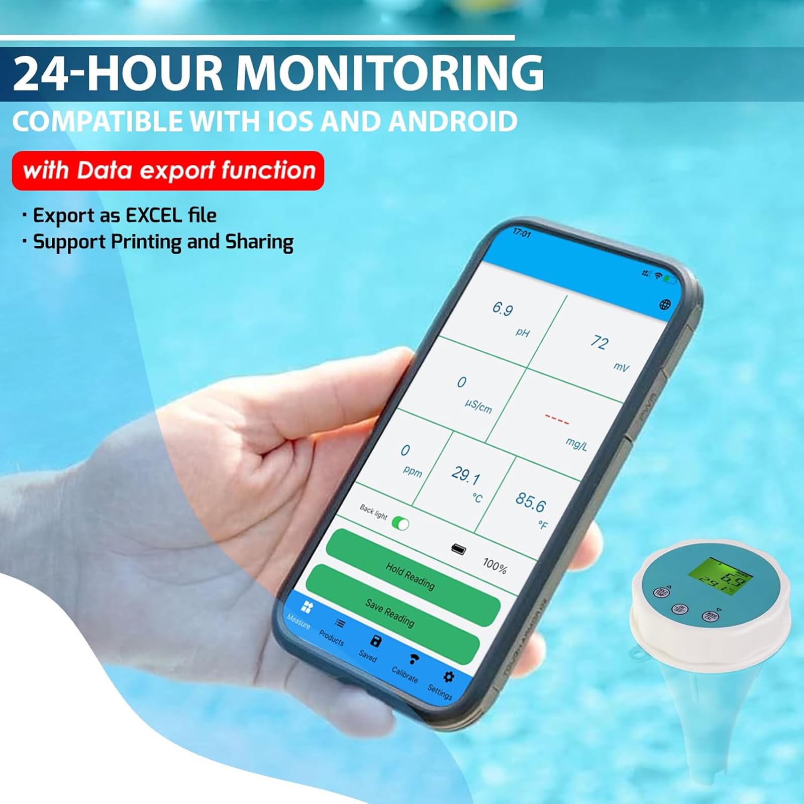 Analizador De Calidad del Agua 6 En 1, Monitor Flotante De Calidad del Agua con Bluetooth, Mide El PH, La Conductividad Eléctrica (EC), El Potencial De Oxidación-reducción (ORP), El Cloro